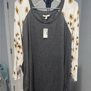 Maurices Charcoal Gray Raglan Top with Sunflower Print Sleeves